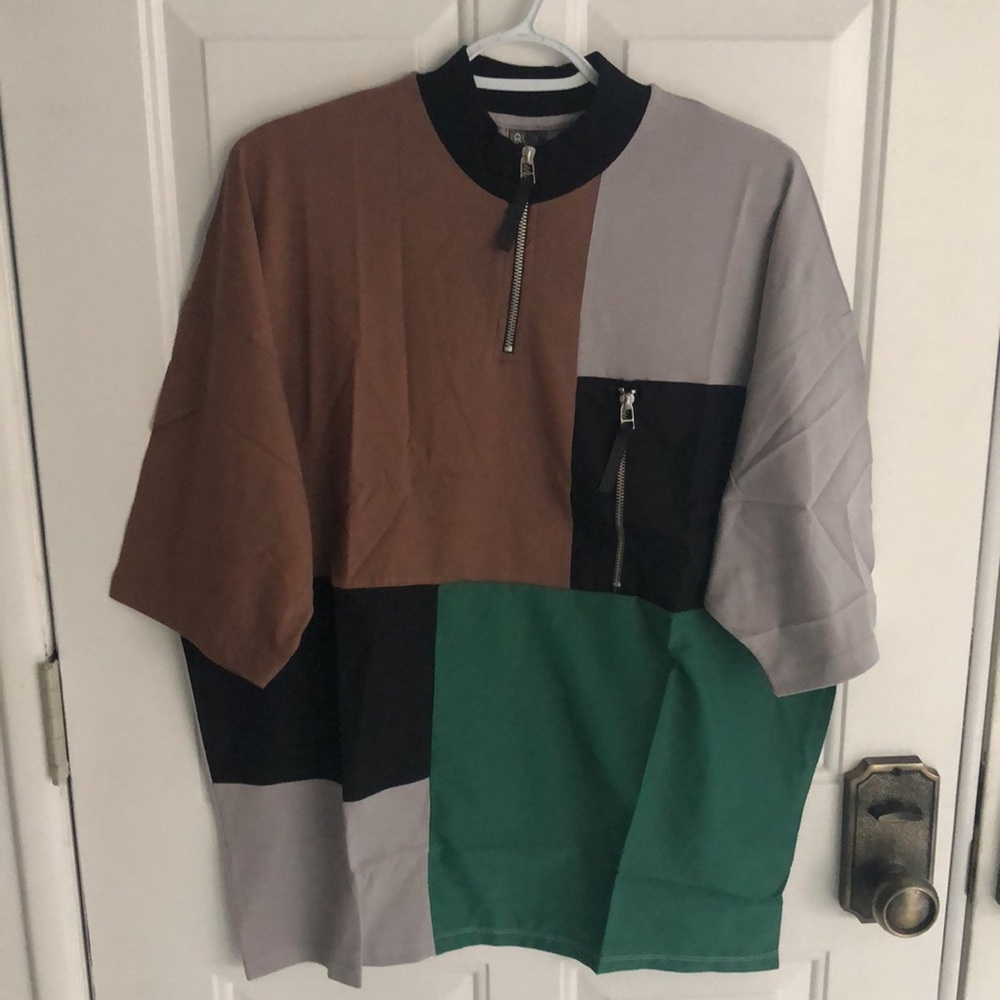 ASOS Design oversized t-shirt with turtle zip neck , pocket in patchwork color